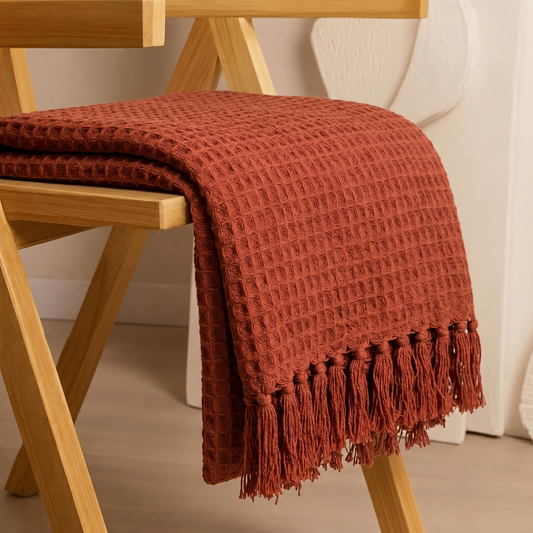 Hand Woven Cotton Throw Blanket 50x60" – Soft, Breathable Rust Sofa Blanket