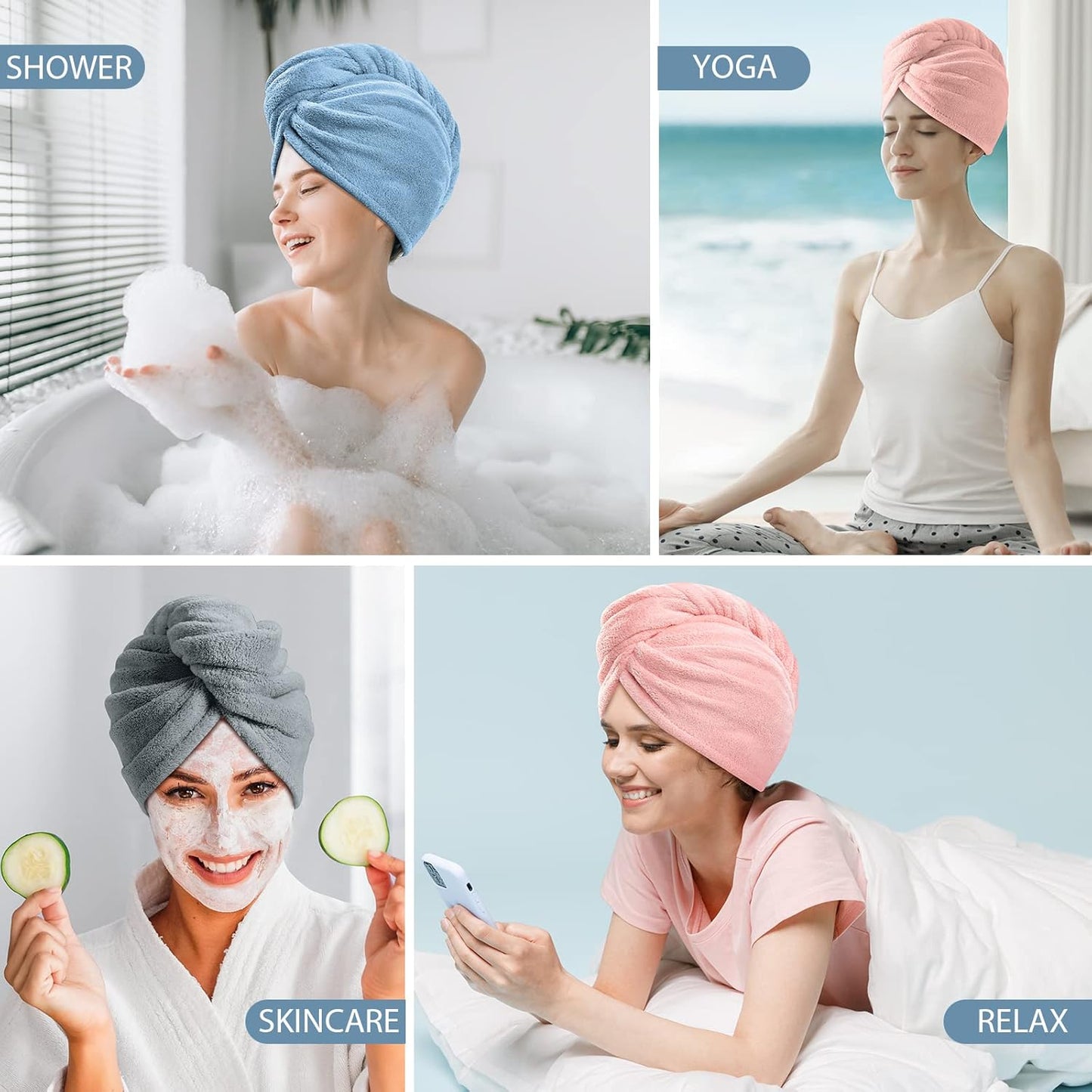 Iris Hair Drying Towels Pack of 3 Super Soft Microfiber Quick-Dry (Pink,Grey,Blue)