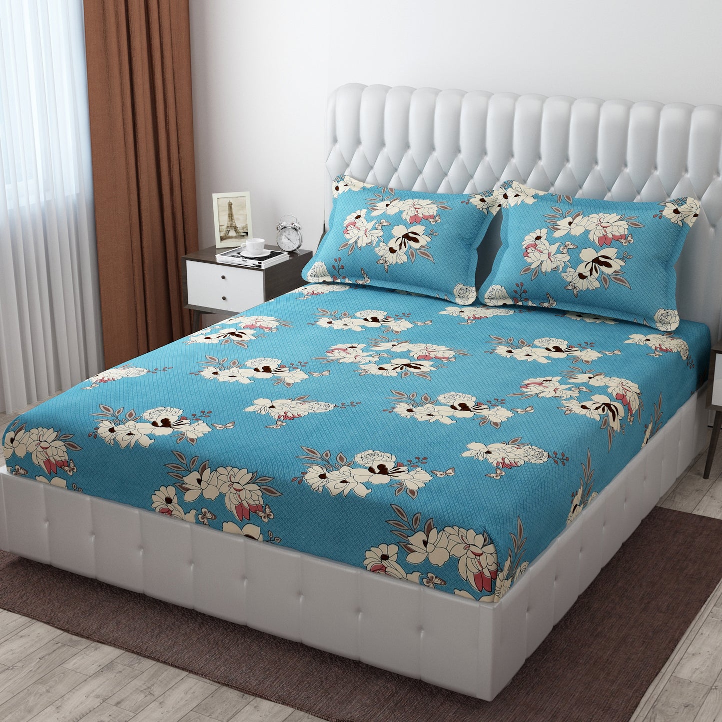 Cotton Bolls Fitted Elatic King Size Double Bedsheet