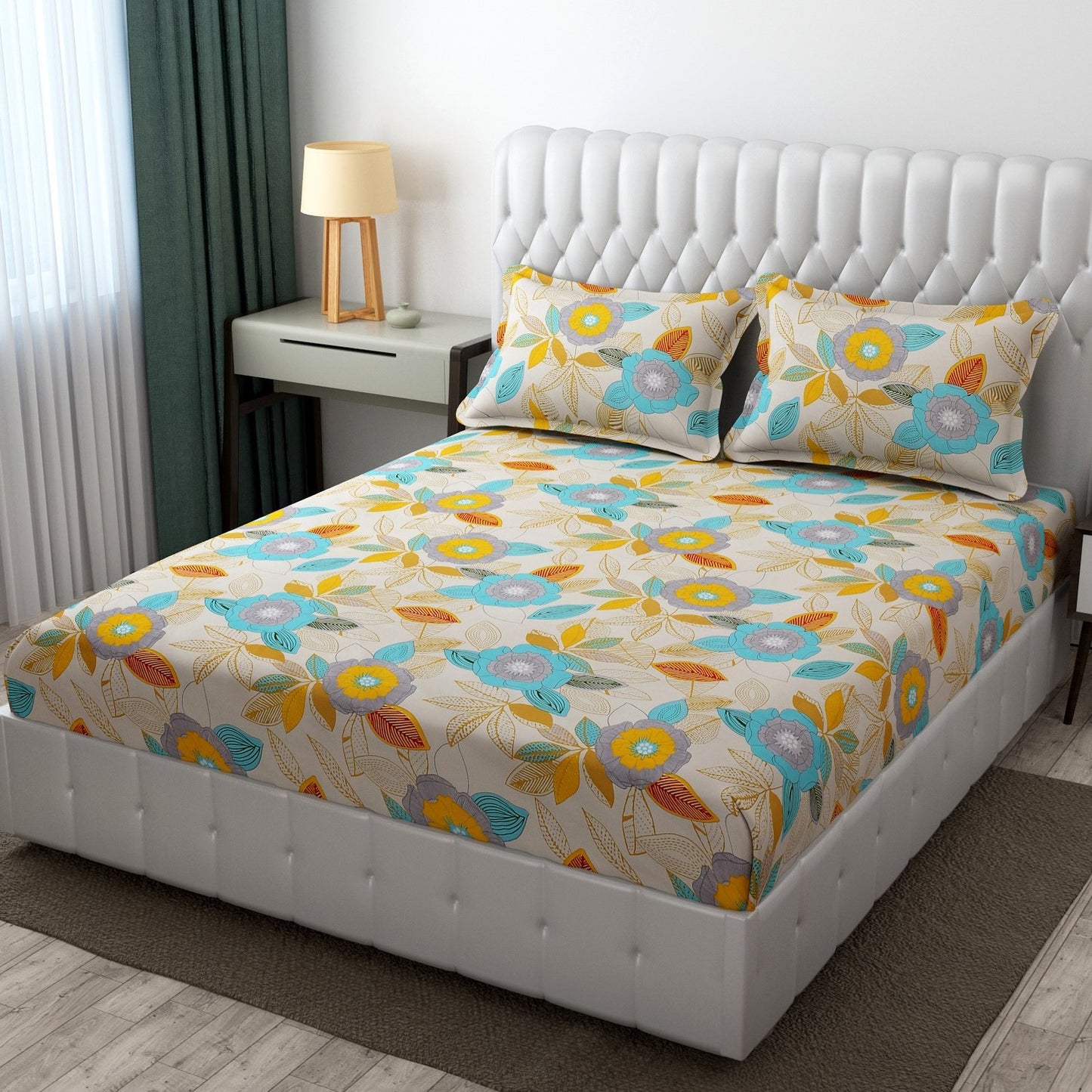 Cotton Bolls Fitted Elatic King Size Double Bedsheet