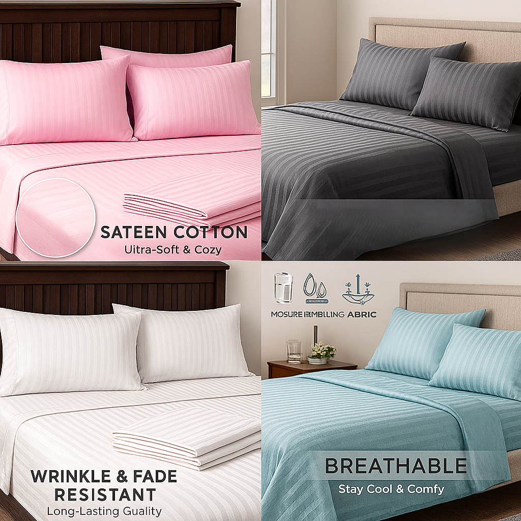 Cotton Bolls 300 TC 100% Cotton Stripes King Bed Sheet - Premium Bedsheet and 2 Pillow Covers