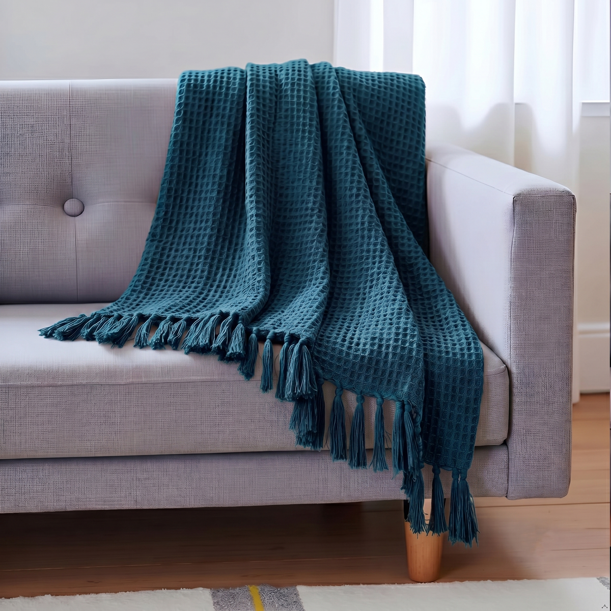 Hand Woven Cotton Throw Blanket 50x60" – Soft, Breathable Teal Sofa Blanket