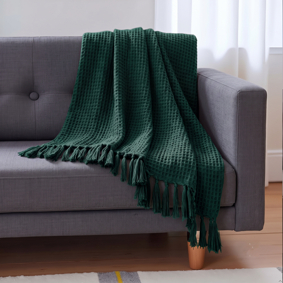 Hand Woven Cotton Throw Blanket 50x60" – Soft, Breathable Green Sofa Blanket
