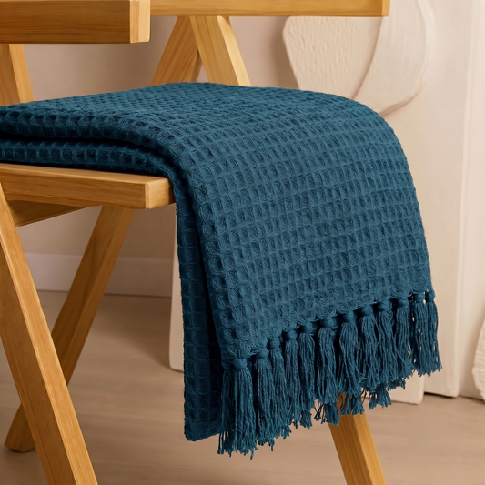 Hand Woven Cotton Throw Blanket 50x60" – Soft, Breathable Teal Sofa Blanket