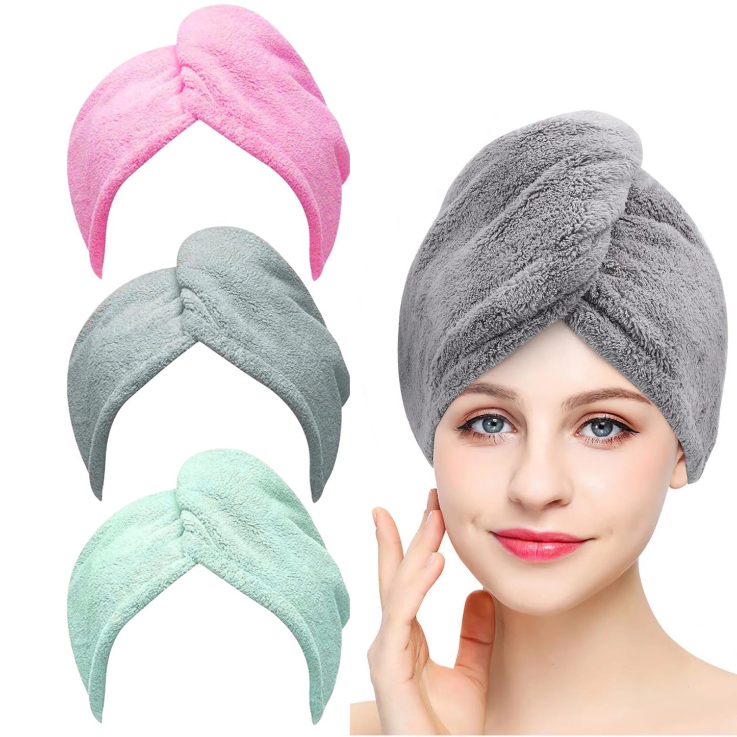 Iris Hair Drying Towels Pack of 3 Super Soft Microfiber Quick-Dry (Pink,Grey,Blue)