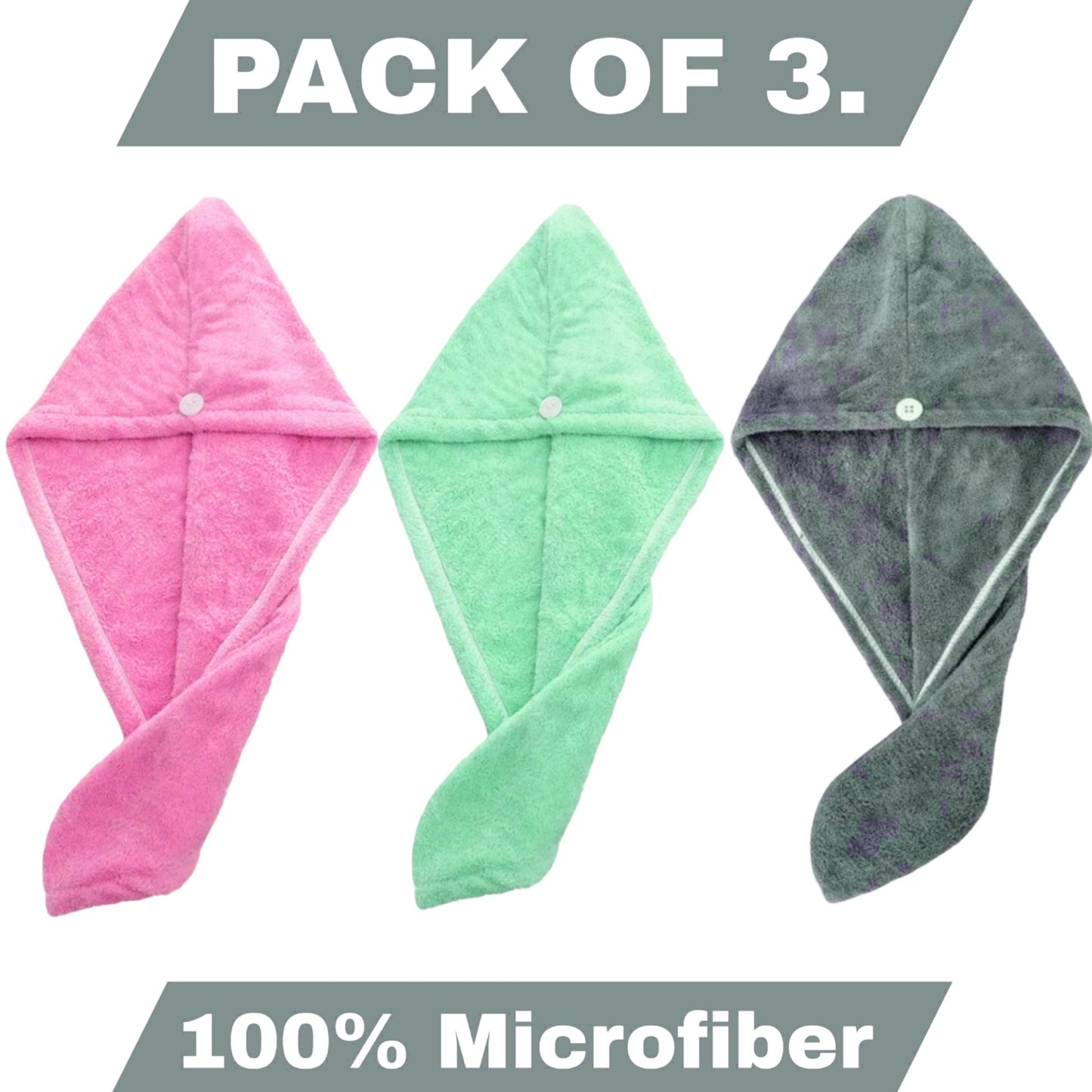 Iris Hair Drying Towels Pack of 3 Super Soft Microfiber Quick-Dry (Pink,Grey,Blue)