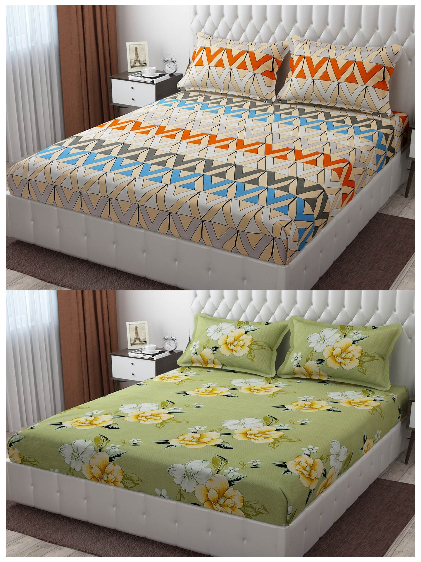 Pack of 2 Fitted King Size Bedsheet Glace Cotton with all Round Elastic 72x78x7