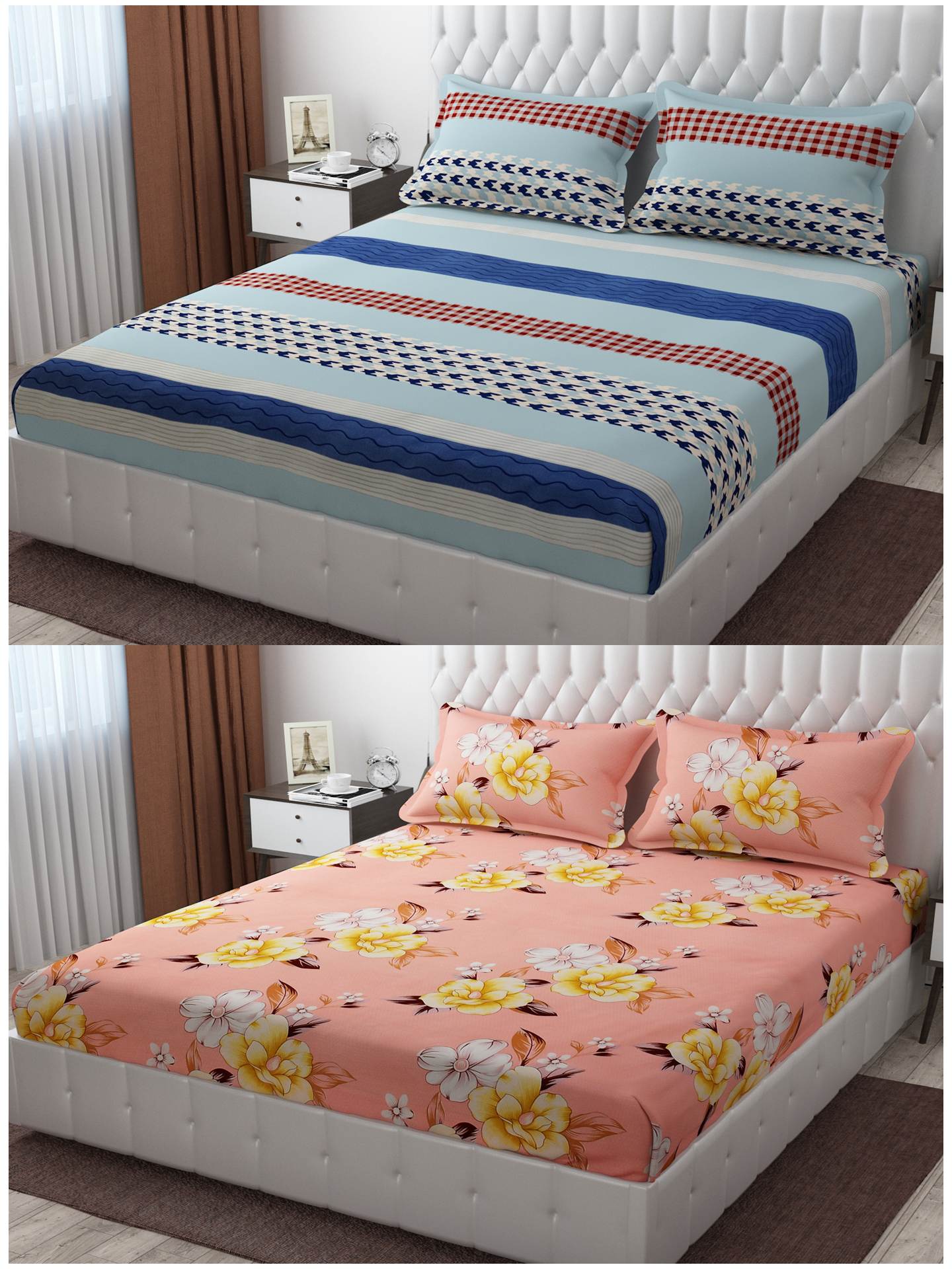 Pack of 2 Fitted King Size Bedsheet Glace Cotton with all Round Elastic 72x78x7