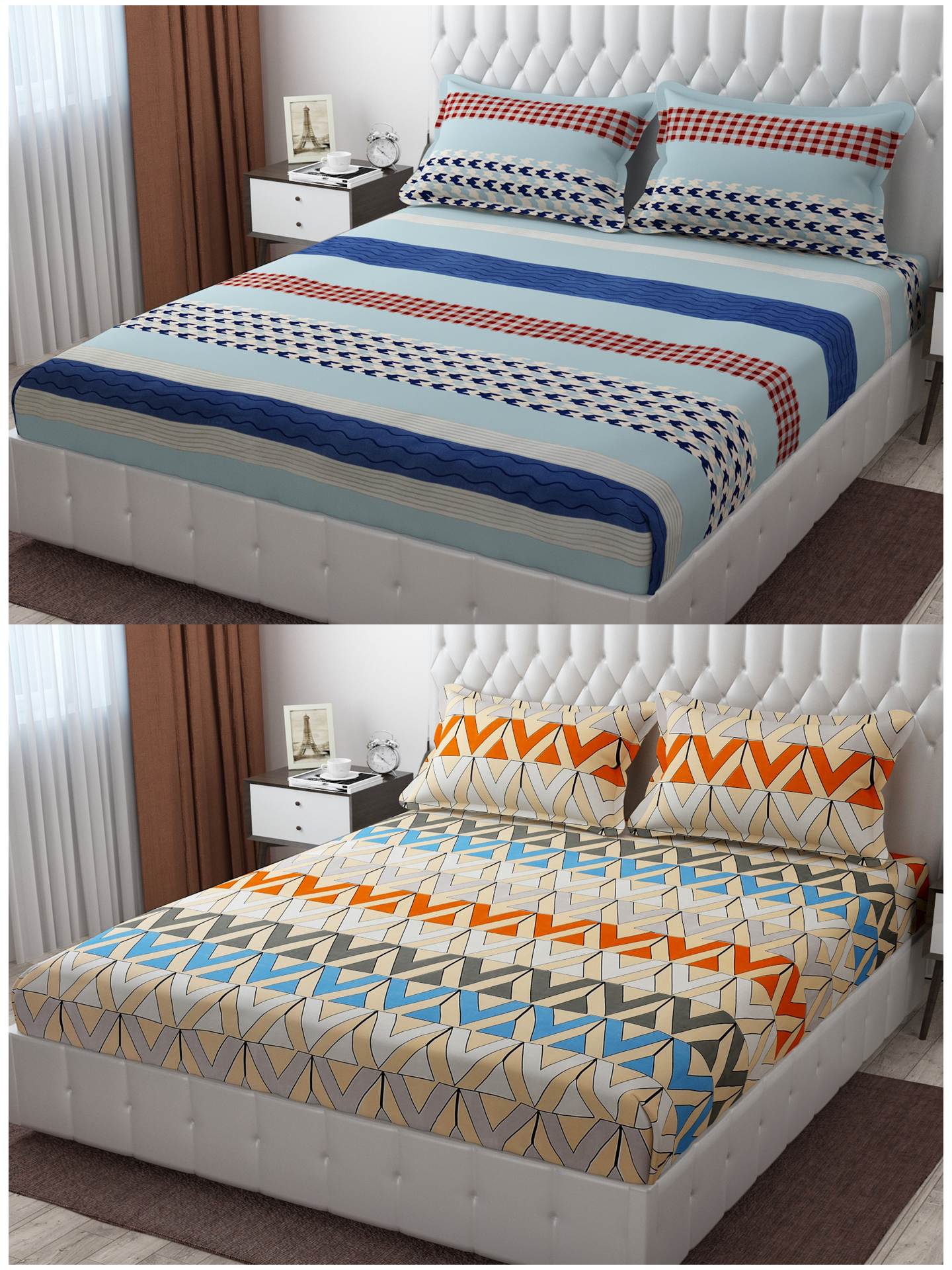 Pack of 2 Fitted King Size Bedsheet Glace Cotton with all Round Elastic 72x78x7