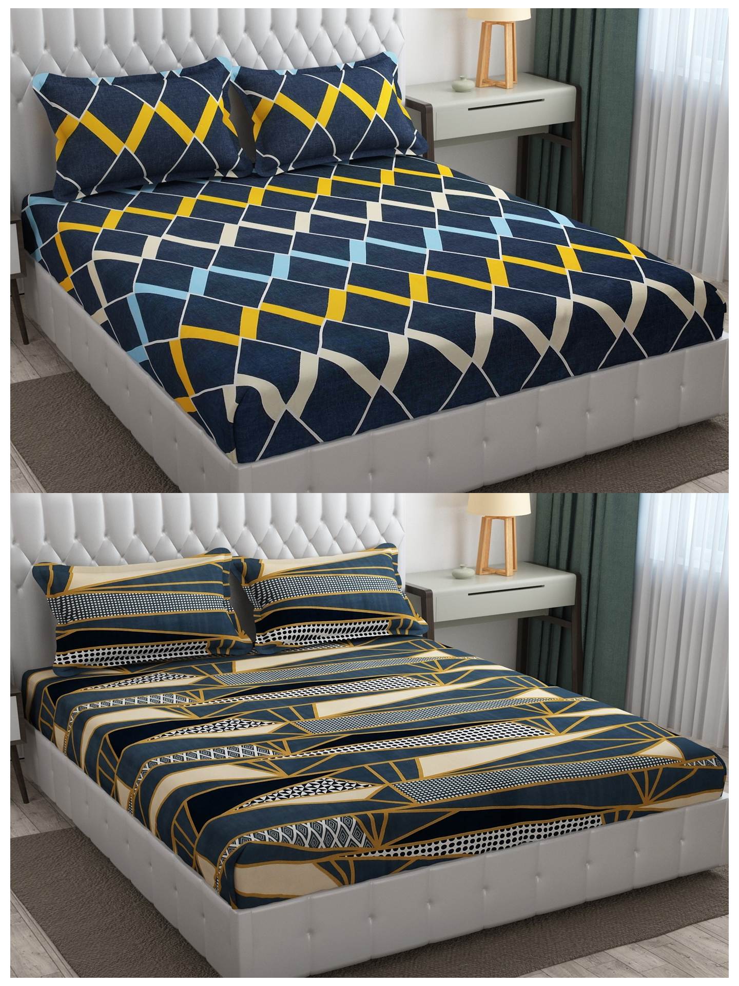 Pack of 2 Fitted King Size Bedsheet Glace Cotton with all Round Elastic 72x78x7