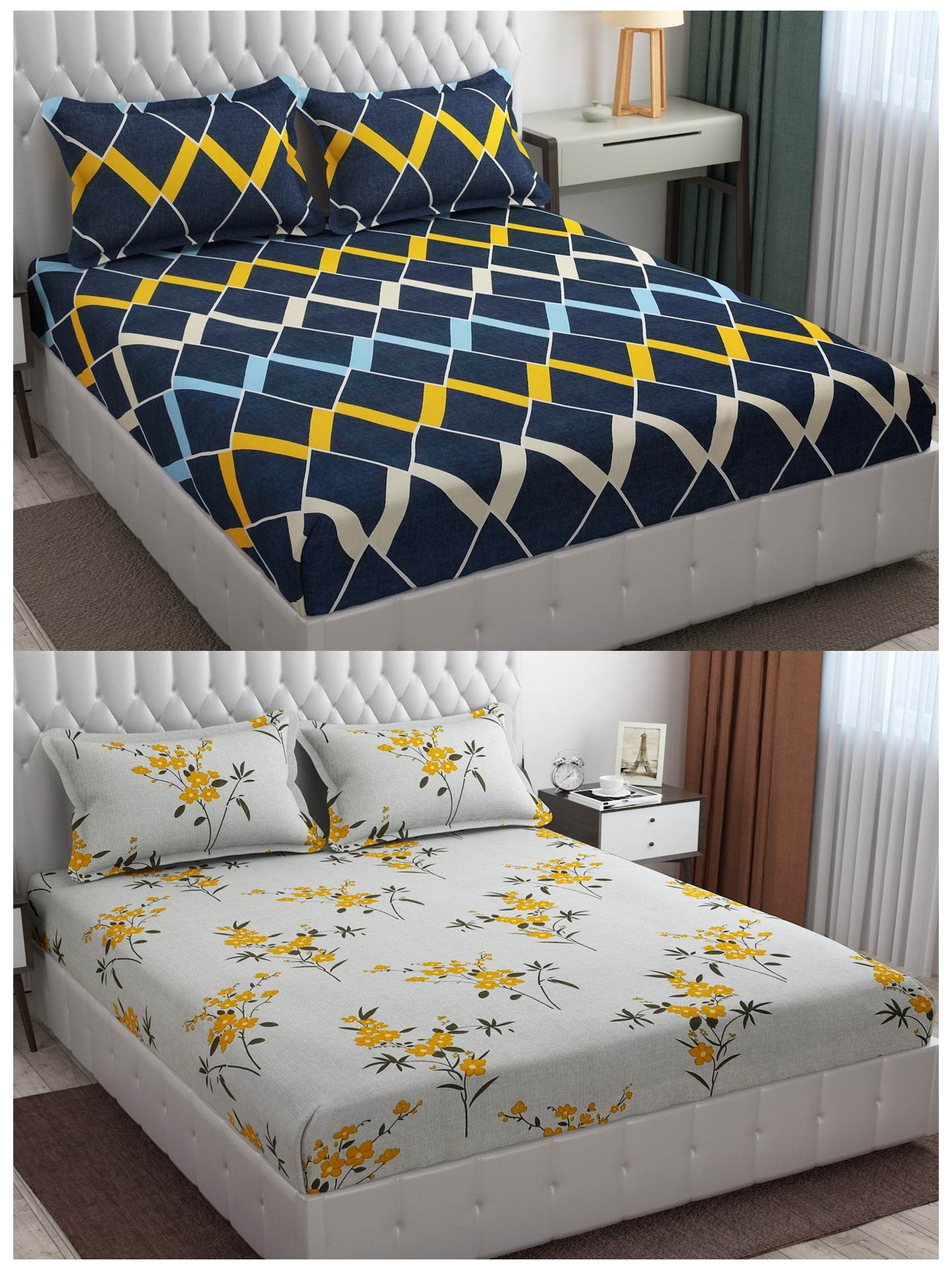 Pack of 2 Fitted King Size Bedsheet Glace Cotton with all Round Elastic 72x78x7