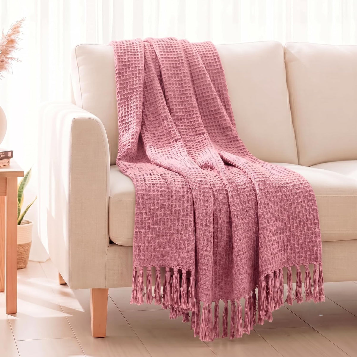 Hand Woven Cotton Throw Blanket 50x60" – Soft, Breathable Pink Sofa Blanket
