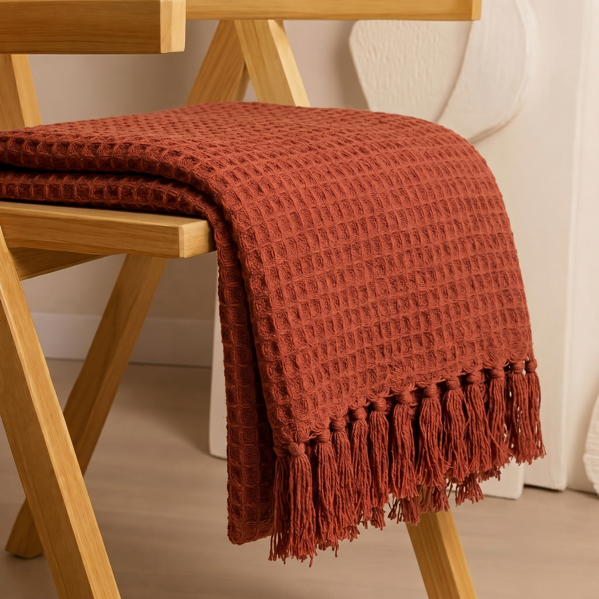 Hand Woven Cotton Throw Blanket 50x60" – Soft, Breathable Rust Sofa Blanket