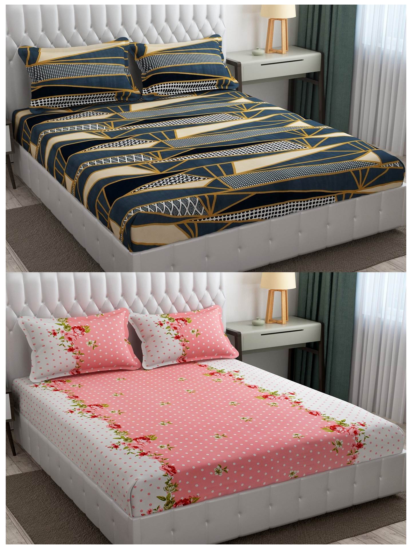 Pack of 2 Fitted King Size Bedsheet Glace Cotton with all Round Elastic 72x78x7