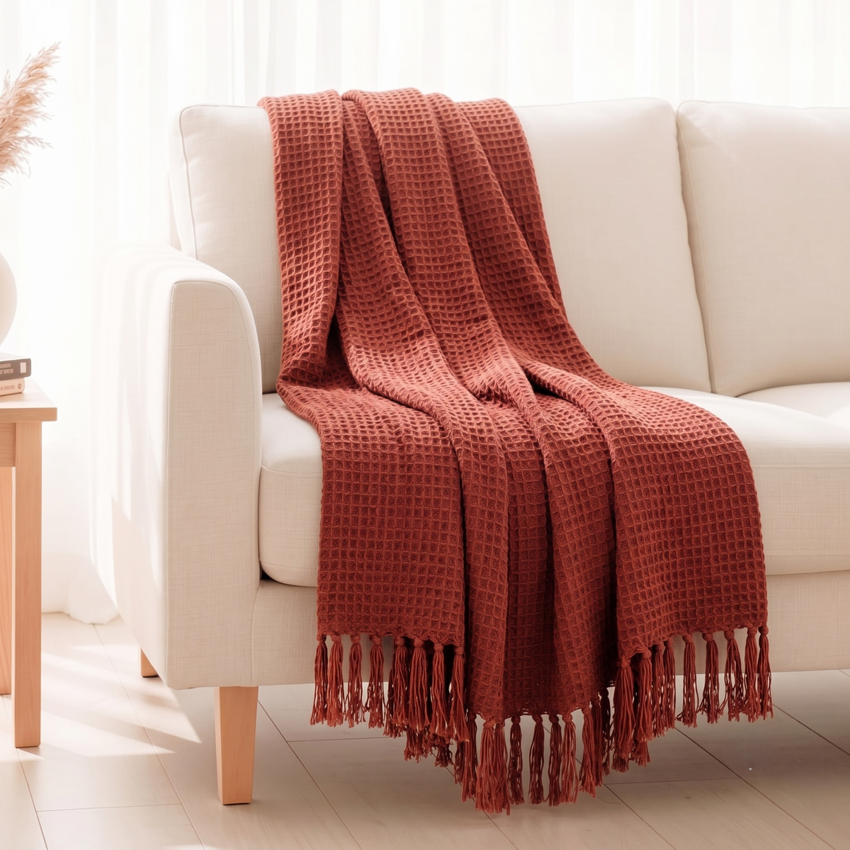Hand Woven Cotton Throw Blanket 50x60" – Soft, Breathable Rust Sofa Blanket