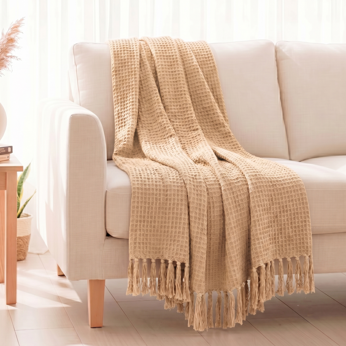 Hand Woven Cotton Throw Blanket 50x60" – Soft, Breathable Beige Sofa Blanket
