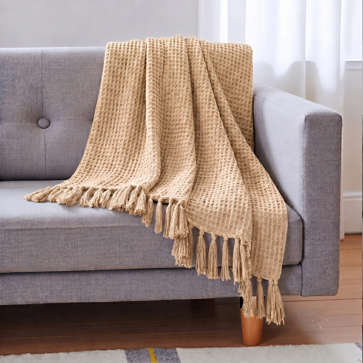 Hand Woven Cotton Throw Blanket 50x60" – Soft, Breathable Beige Sofa Blanket