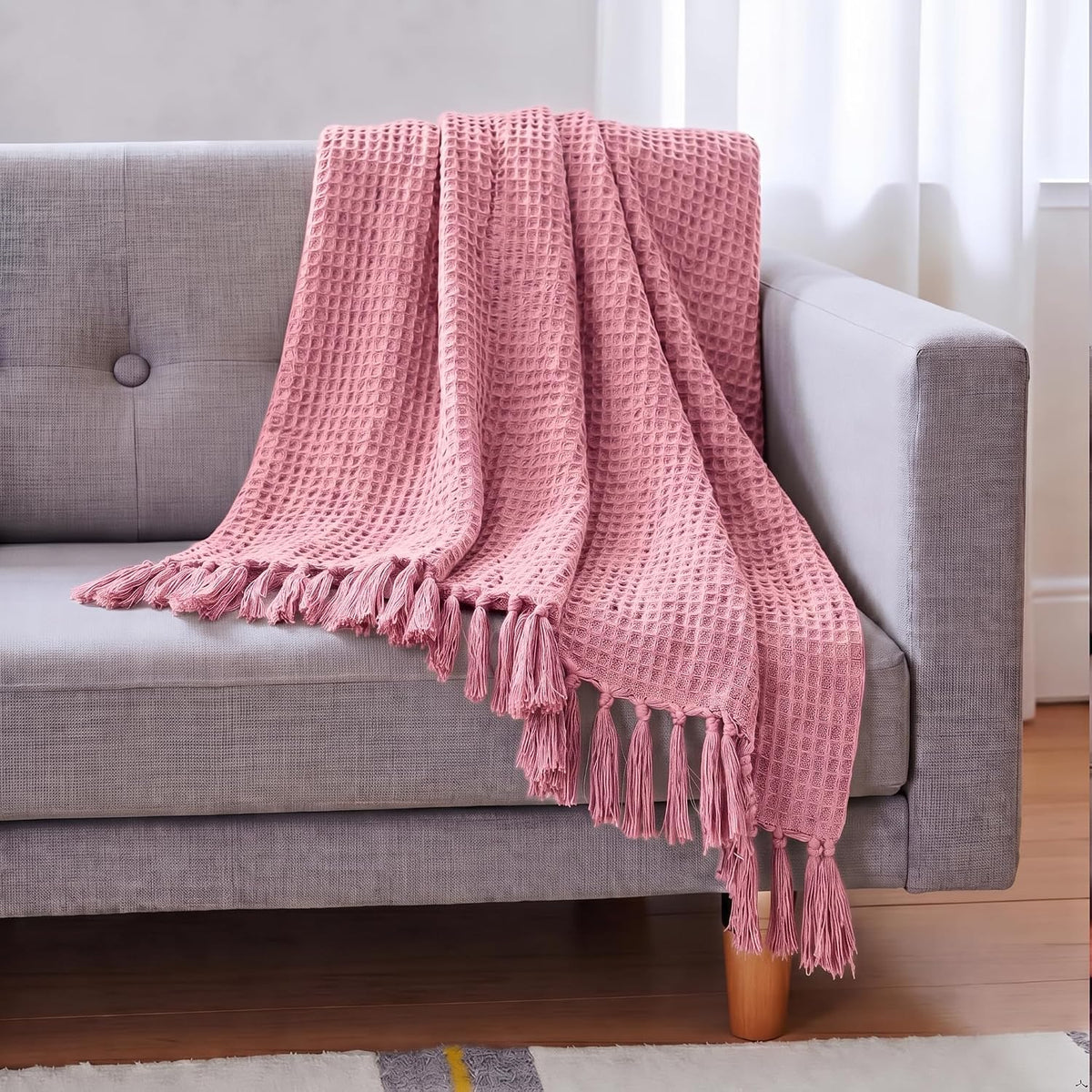 Hand Woven Cotton Throw Blanket 50x60" – Soft, Breathable Pink Sofa Blanket