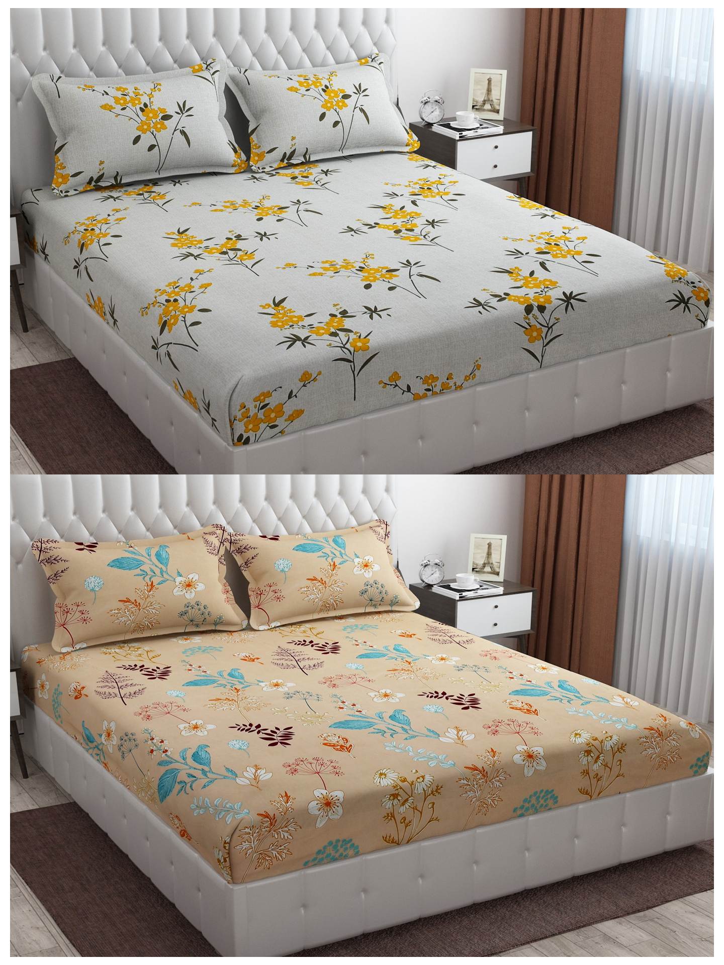 Pack of 2 Fitted King Size Bedsheet Glace Cotton with all Round Elastic 72x78x7