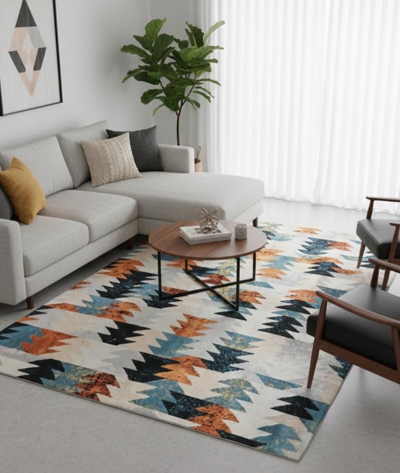 Printed Flat Room Carpet, Plain Rug for Living Room – 5x7 Feet (Multicolor)