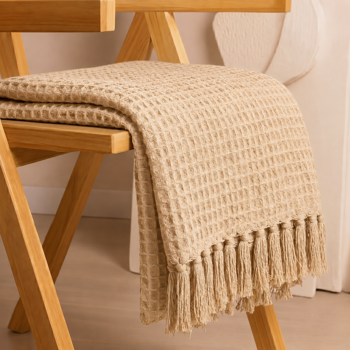 Hand Woven Cotton Throw Blanket 50x60" – Soft, Breathable Beige Sofa Blanket