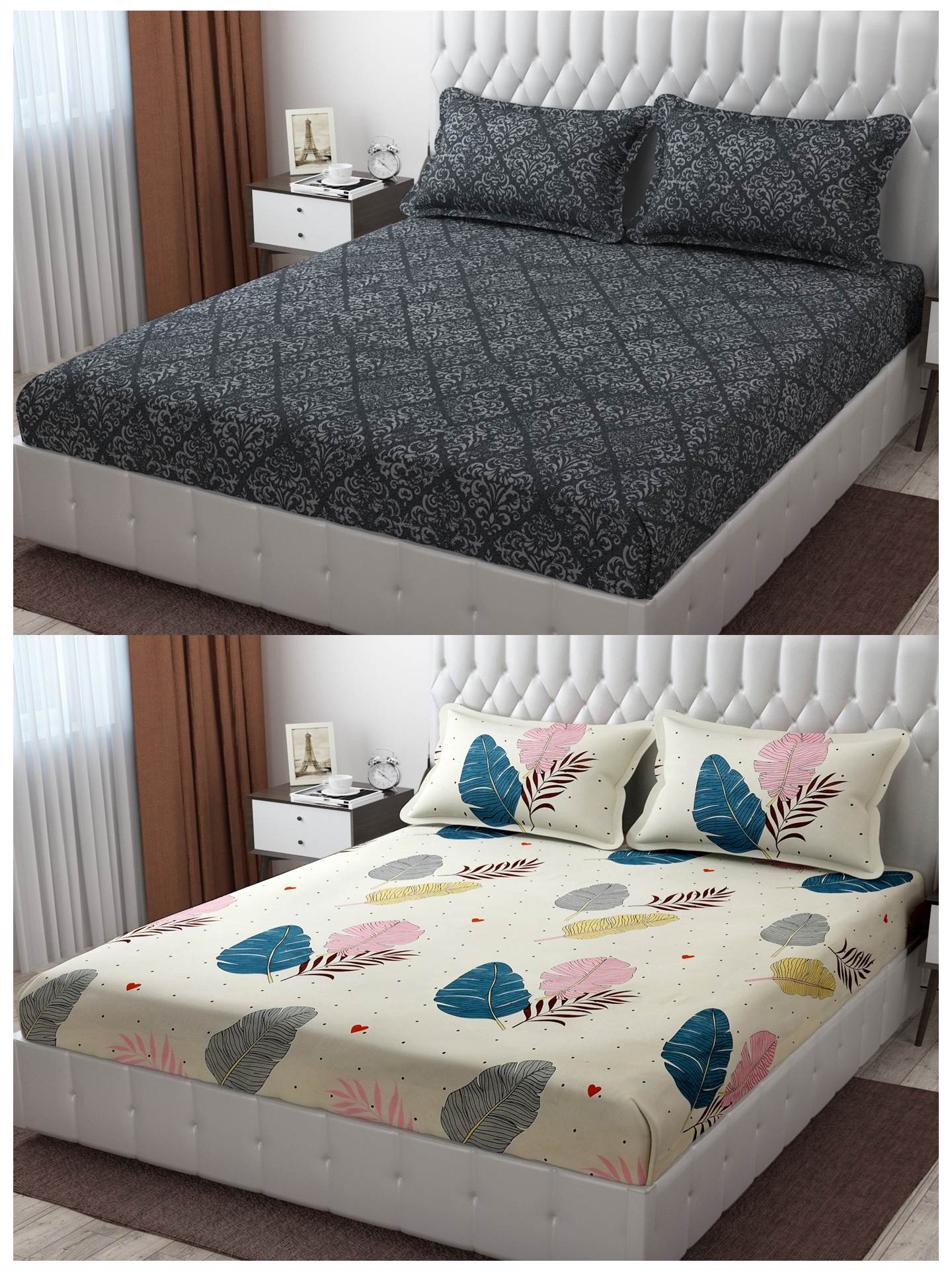 Pack of 2 Fitted King Size Bedsheet Glace Cotton with all Round Elastic 72x78x7