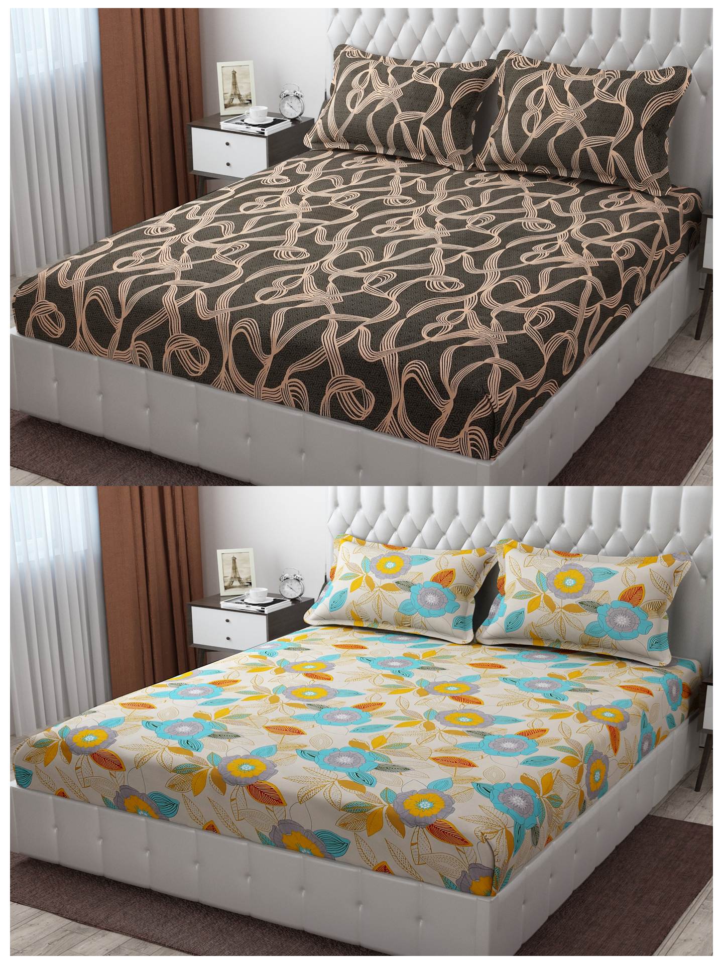 Pack of 2 Fitted King Size Bedsheet Glace Cotton with all Round Elastic 72x78x7