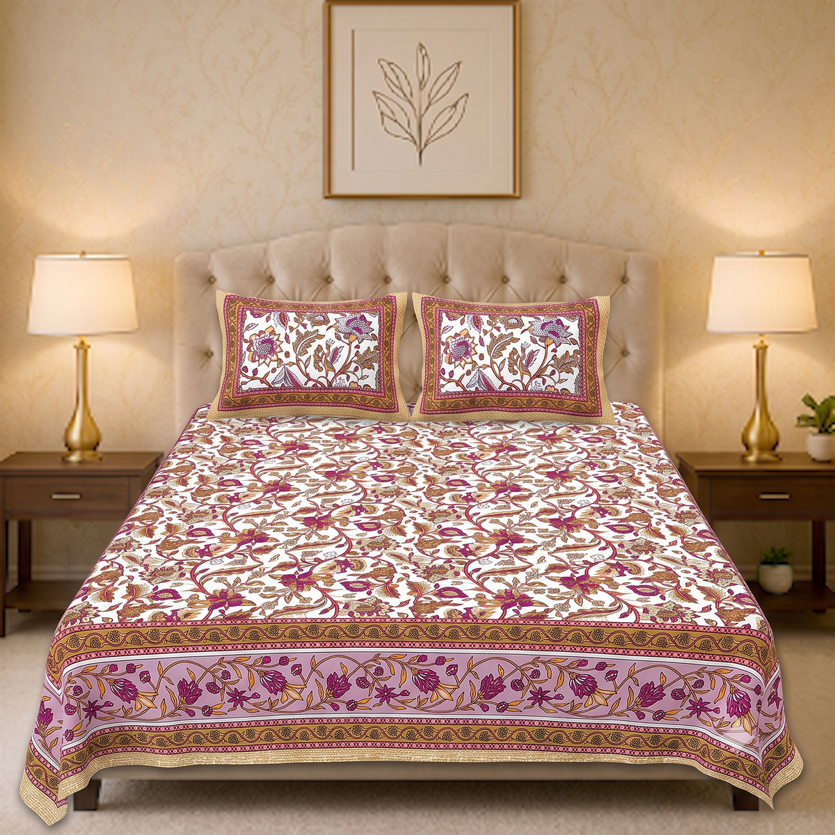 Jaipuri Printed Cotton Bedsheet – King Size | Soft & Comfortable with 2 Pillow Covers