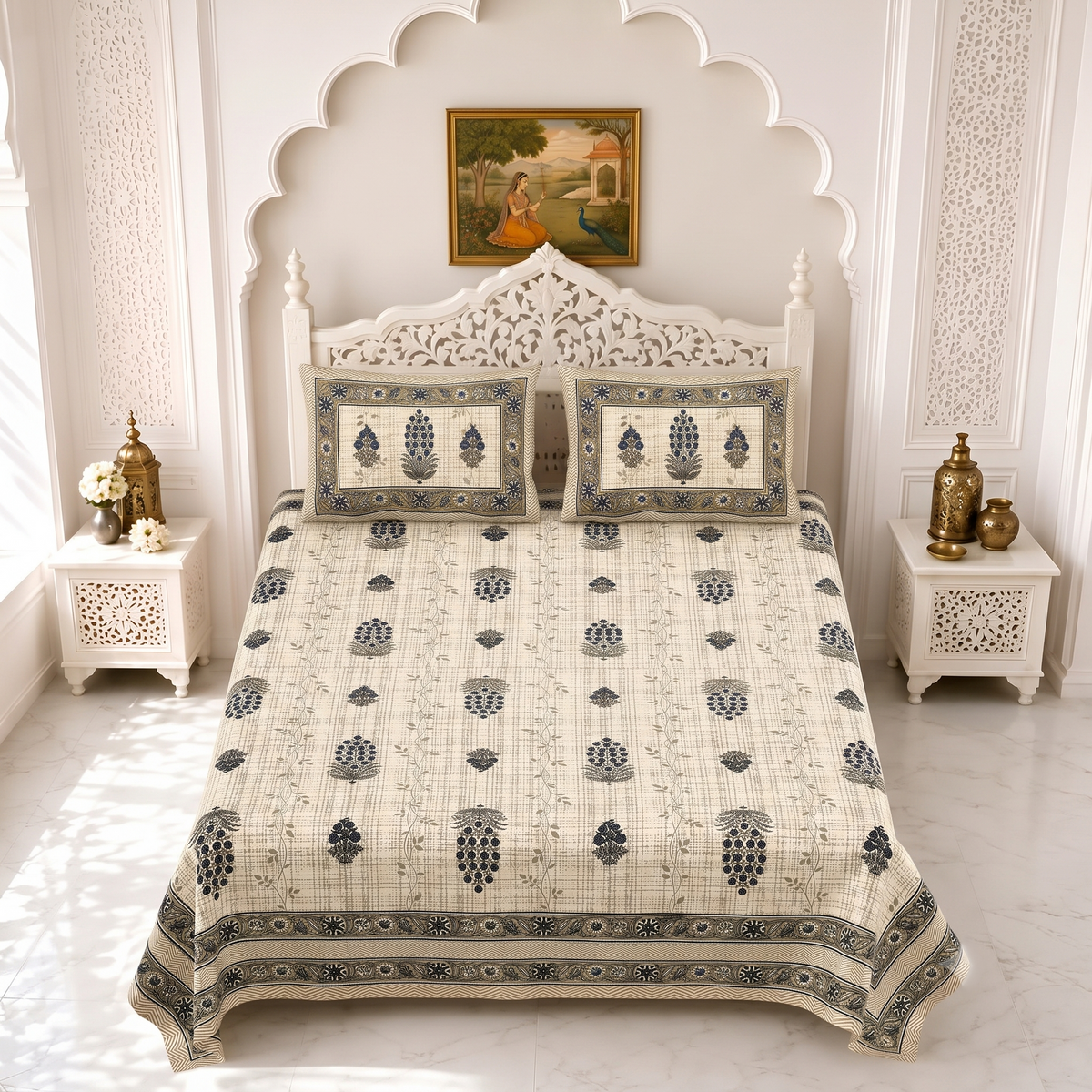 Jaipuri Printed Cotton Bedsheet – King Size | Soft & Comfortable with 2 Pillow Covers