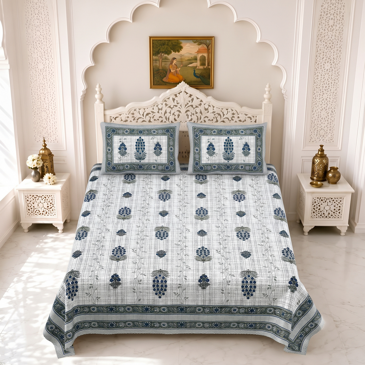 Jaipuri Printed Cotton Bedsheet – King Size | Soft & Comfortable with 2 Pillow Covers