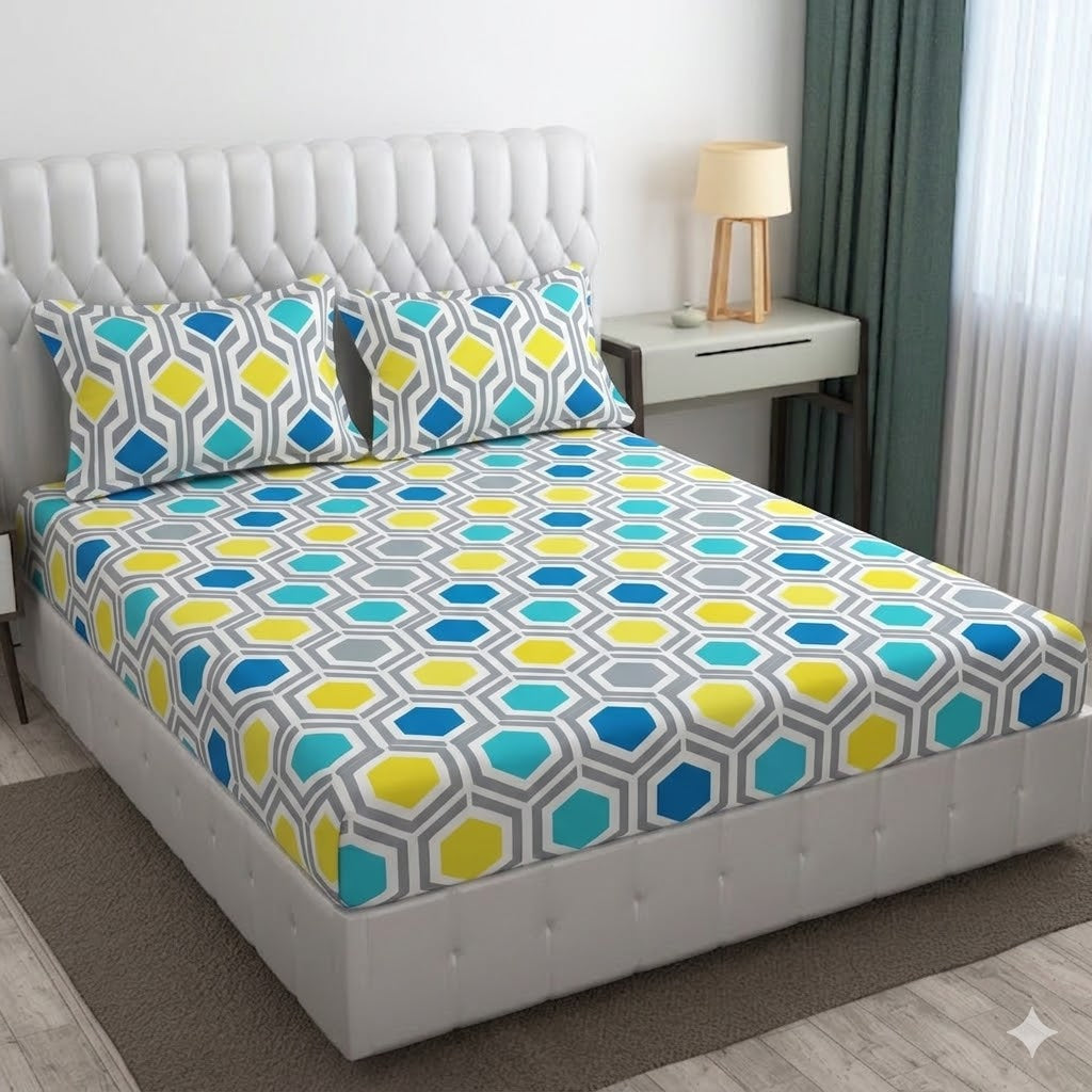 Glace Cotton Double Bedsheet with 2 Pillow Covers - Fade Resistant Soft Breathable Fabric