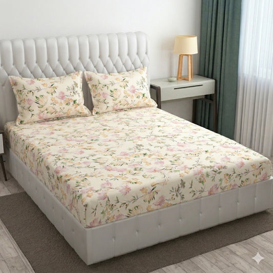 Glace Cotton Double Bedsheet with 2 Pillow Covers - Fade Resistant Soft Breathable Fabric