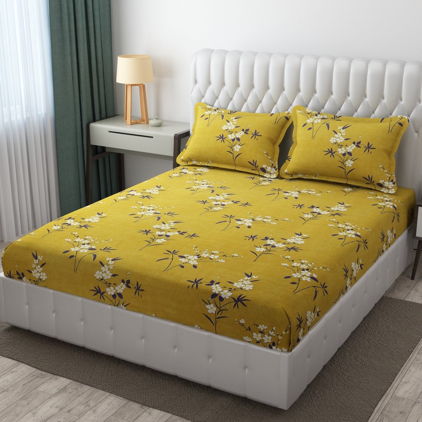 Cotton Bolls Fitted Elastic King Size Double Bedsheet