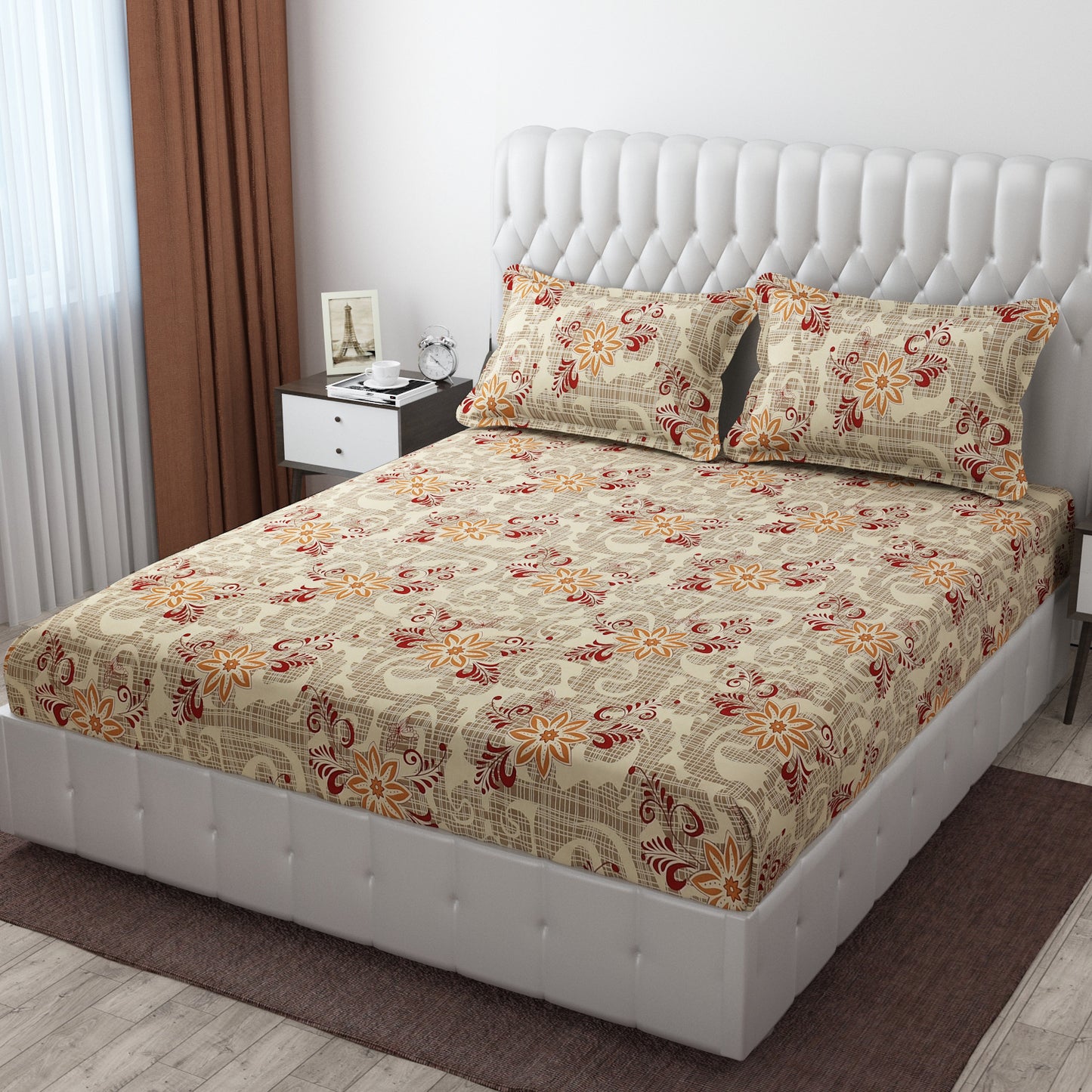 Cotton Bolls Fitted Elatic King Size Double Bedsheet