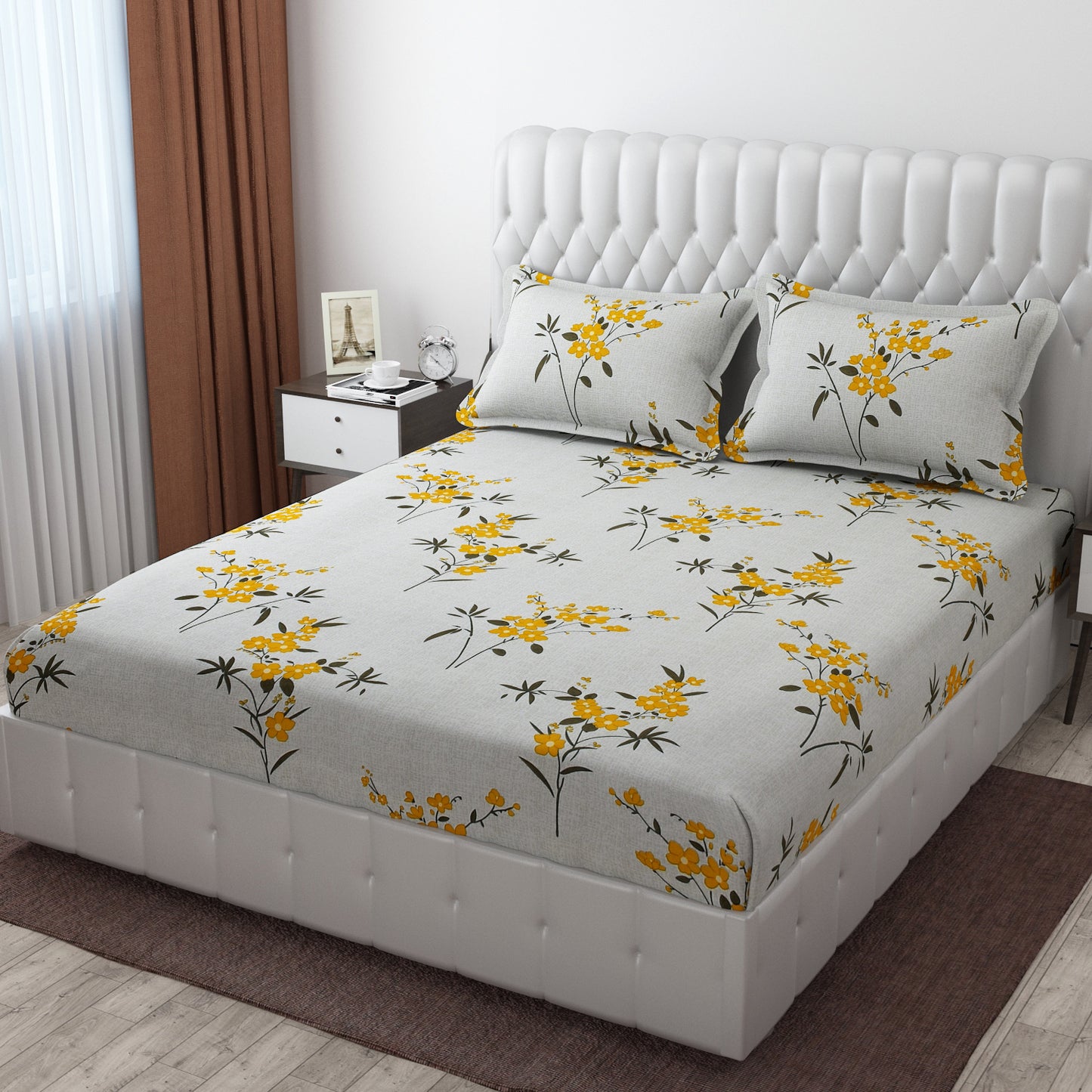 Cotton Bolls Fitted Elatic King Size Double Bedsheet