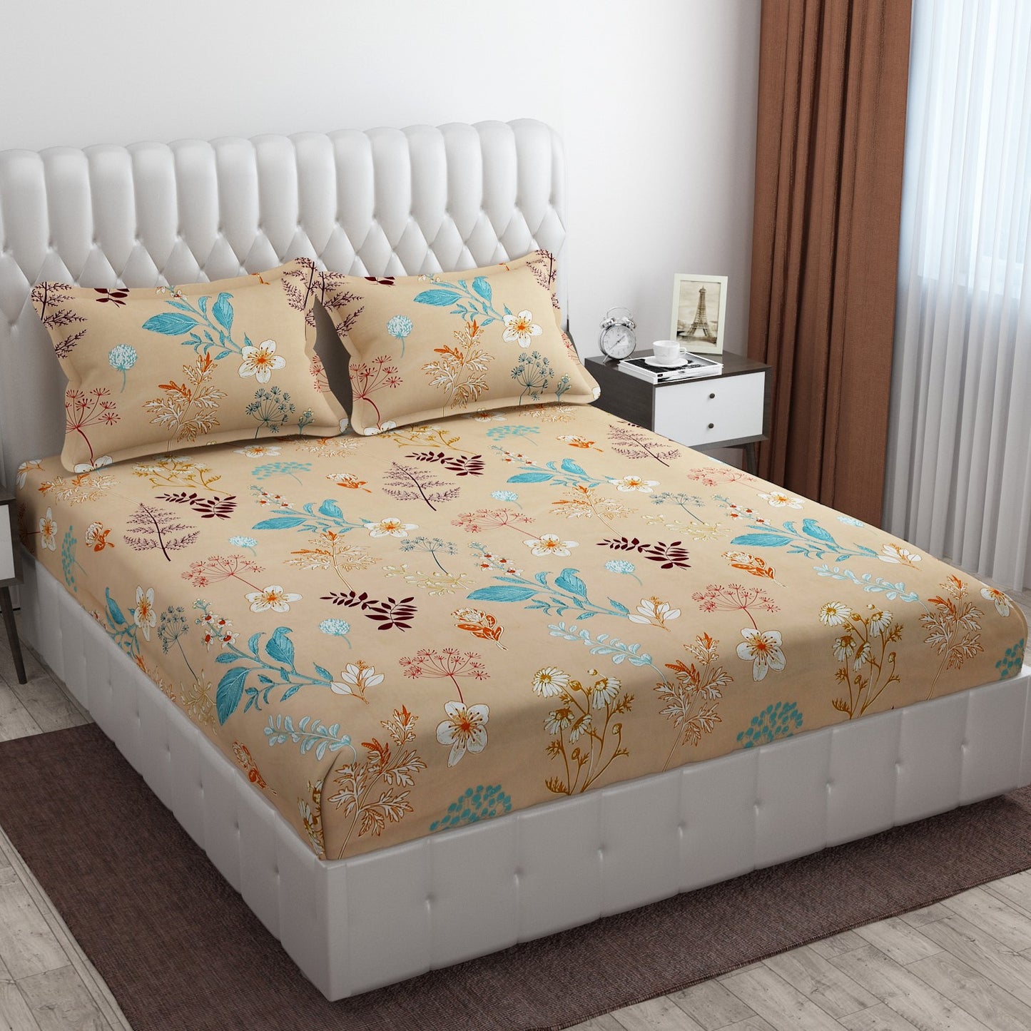 Cotton Bolls Fitted Elatic King Size Double Bedsheet