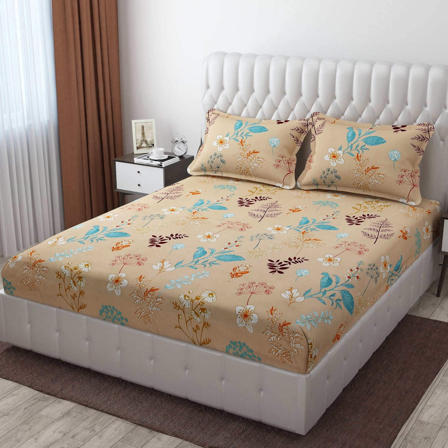 Cotton Bolls Fitted Elatic King Size Double Bedsheet