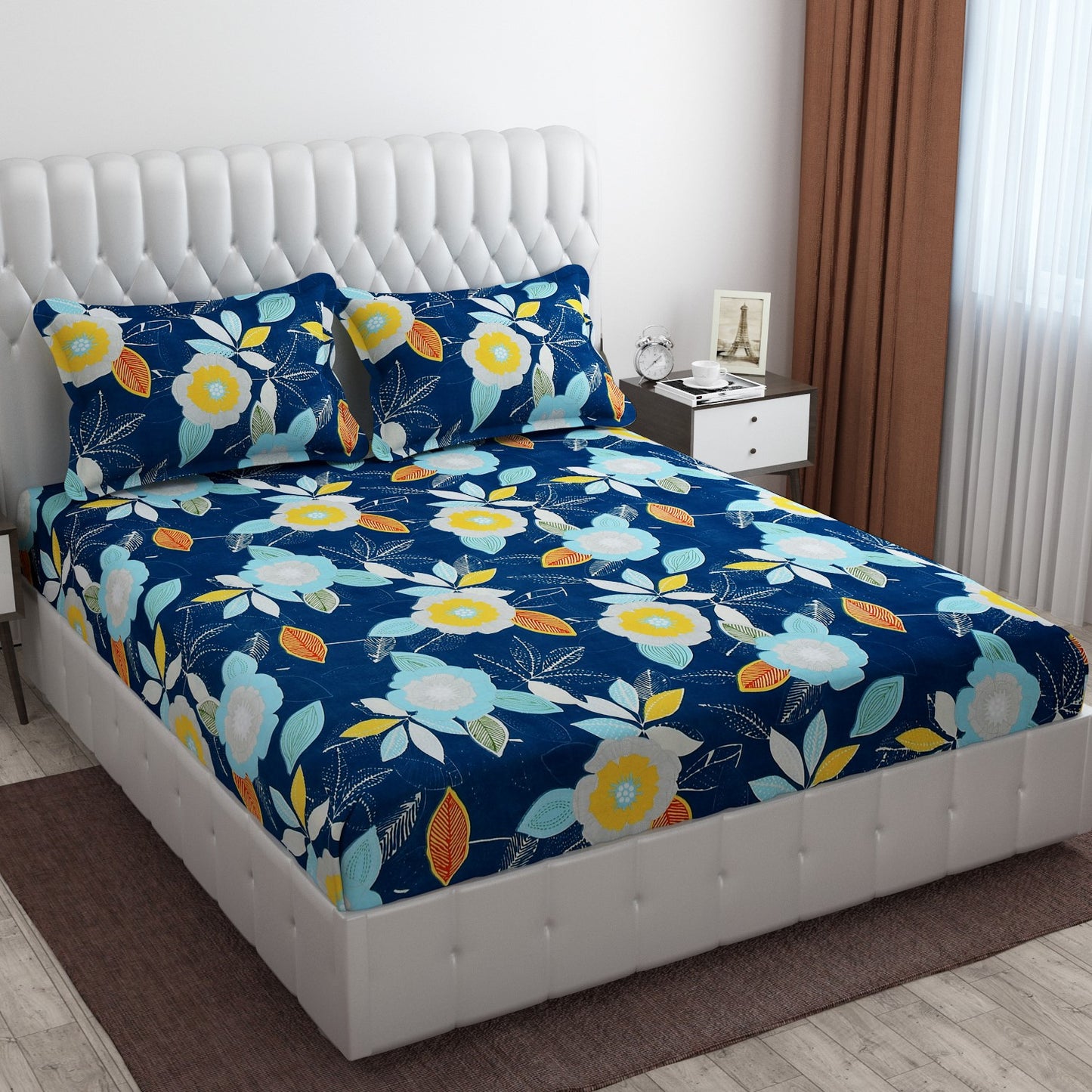 Cotton Bolls Fitted Elatic King Size Double Bedsheet