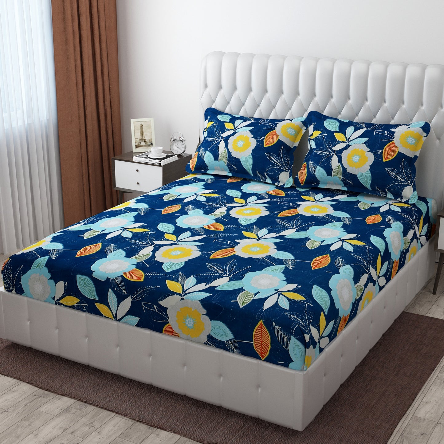 Cotton Bolls Fitted Elatic King Size Double Bedsheet