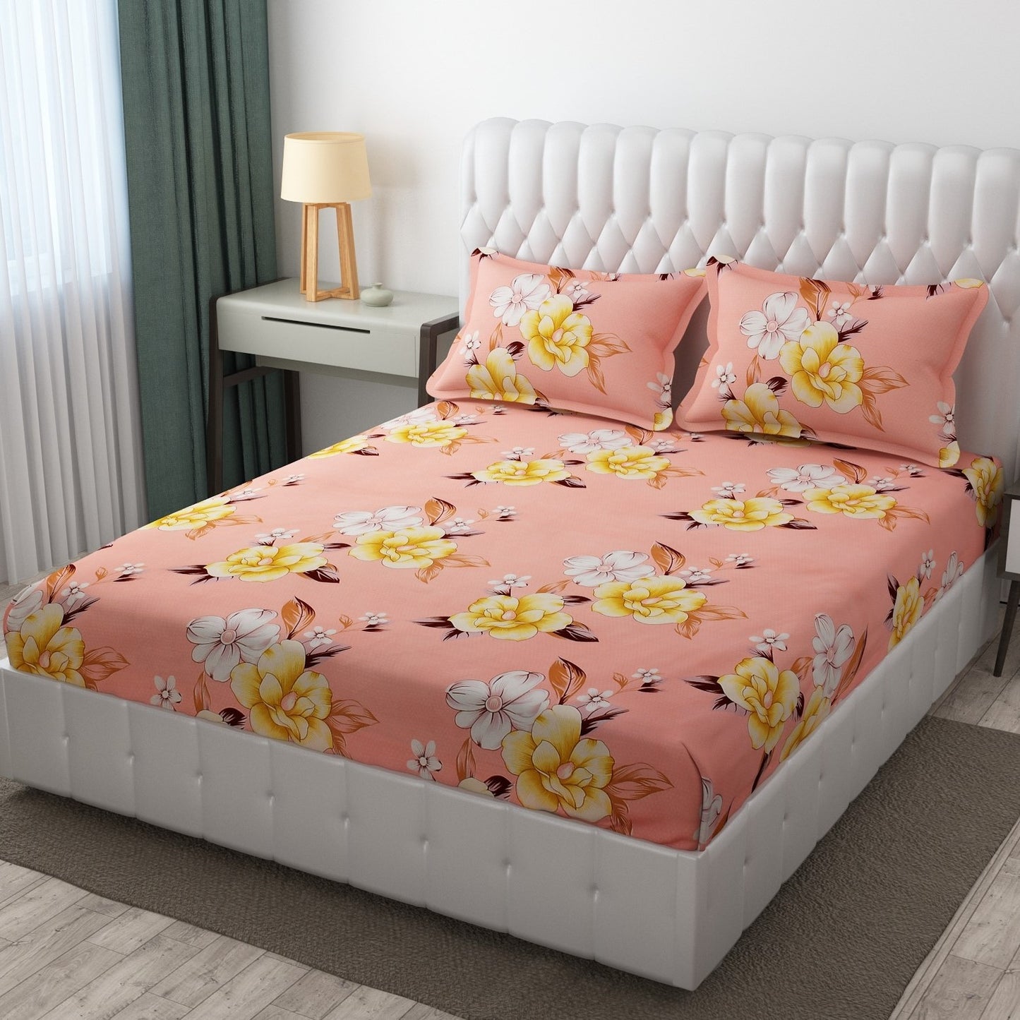 Cotton Bolls Fitted Elatic King Size Double Bedsheet