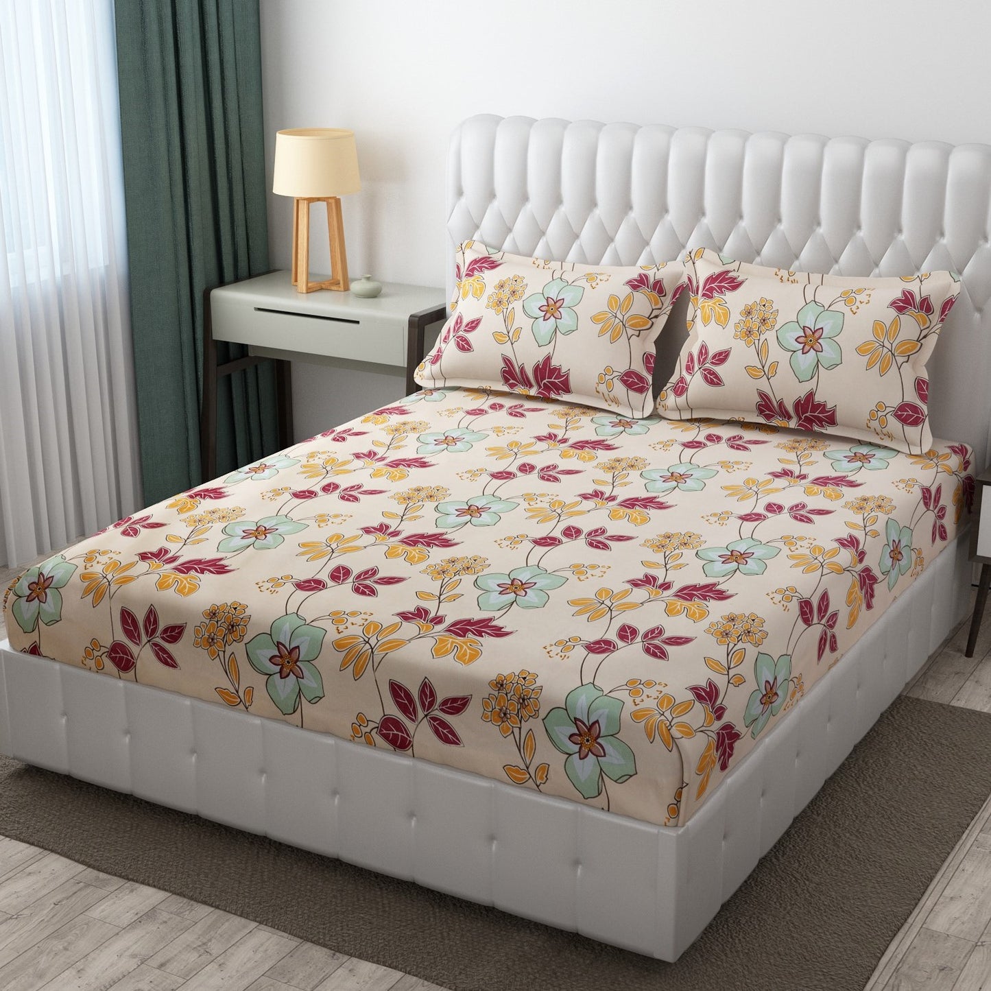 Cotton Bolls Fitted Elatic King Size Double Bedsheet