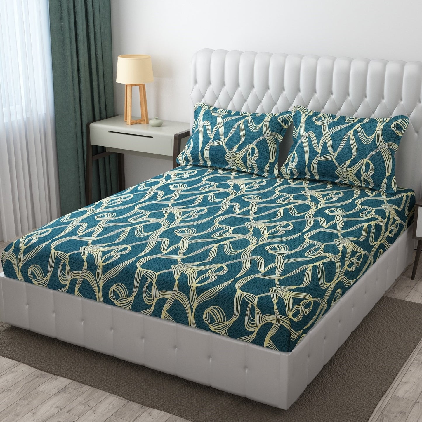 Cotton Bolls Fitted Elatic King Size Double Bedsheet