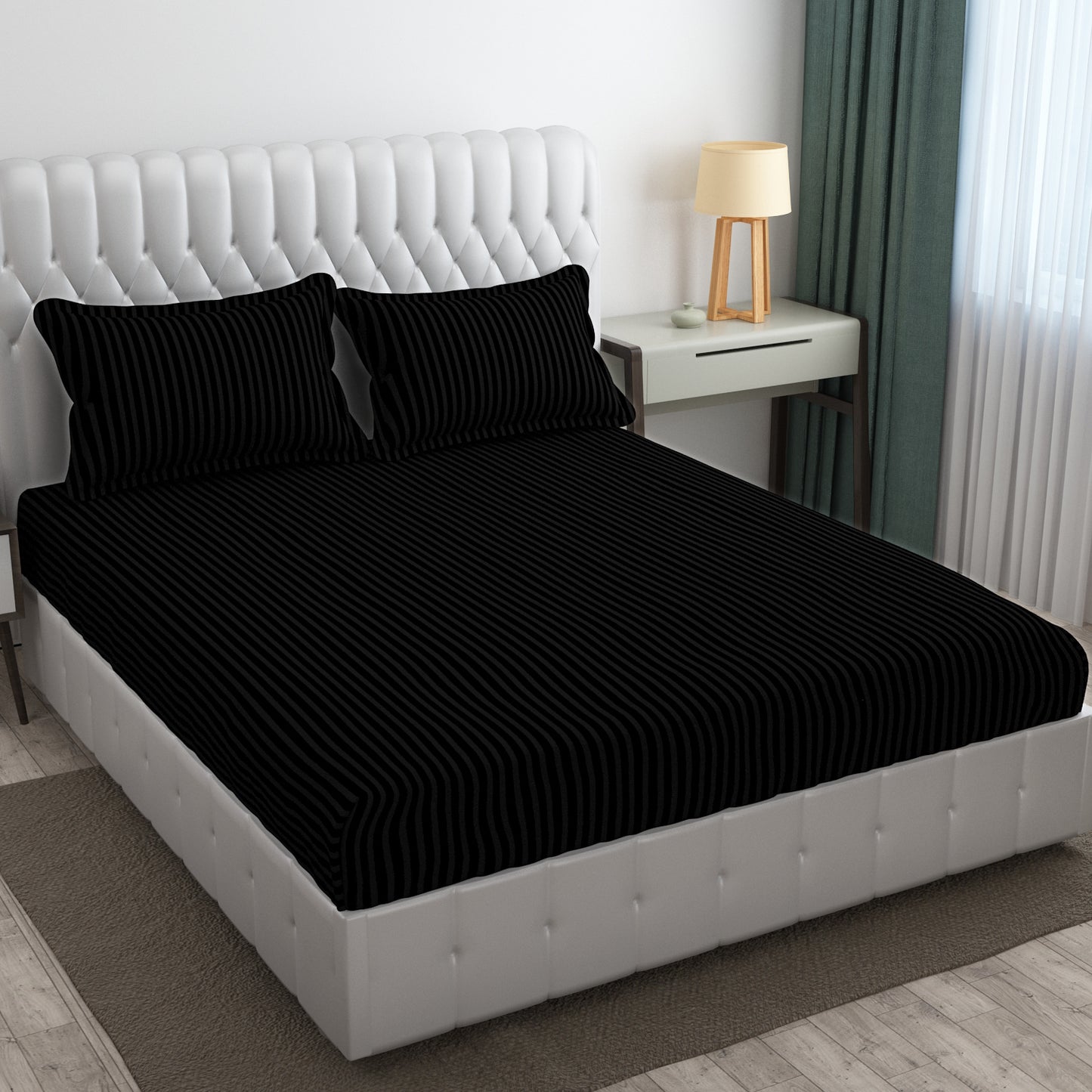 Cotton Bolls 300 TC Glaze Cotton Solid Stripes King Size Bedsheet 72x78 Inch