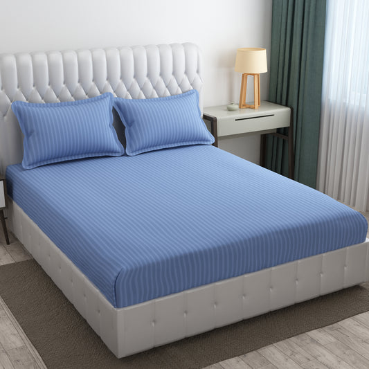 Cotton Bolls 300 TC Glaze Cotton Solid Stripes King Size Bedsheet 72x78 Inch
