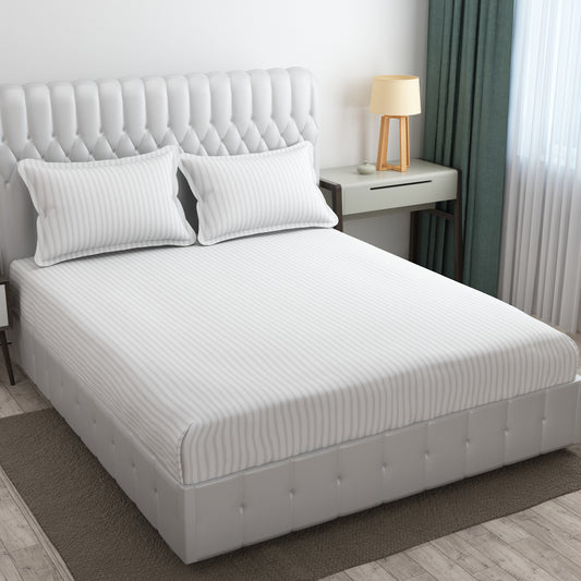 Cotton Bolls 300 TC Glaze Cotton Solid Stripes King Size Bedsheet 72x78 Inch