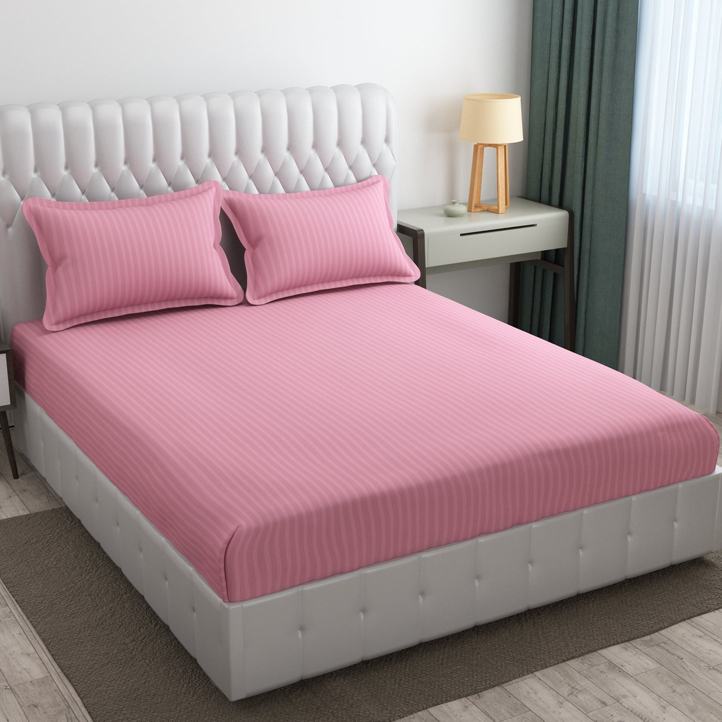 Cotton Bolls 300 TC Glaze Cotton Solid Stripes King Size Bedsheet 72x78 Inch