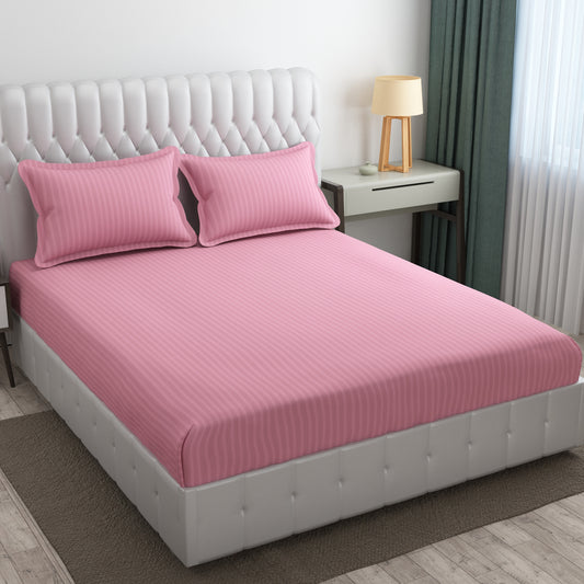 Cotton Bolls 300 TC Glaze Cotton Solid Stripes King Size Bedsheet 72x78 Inch