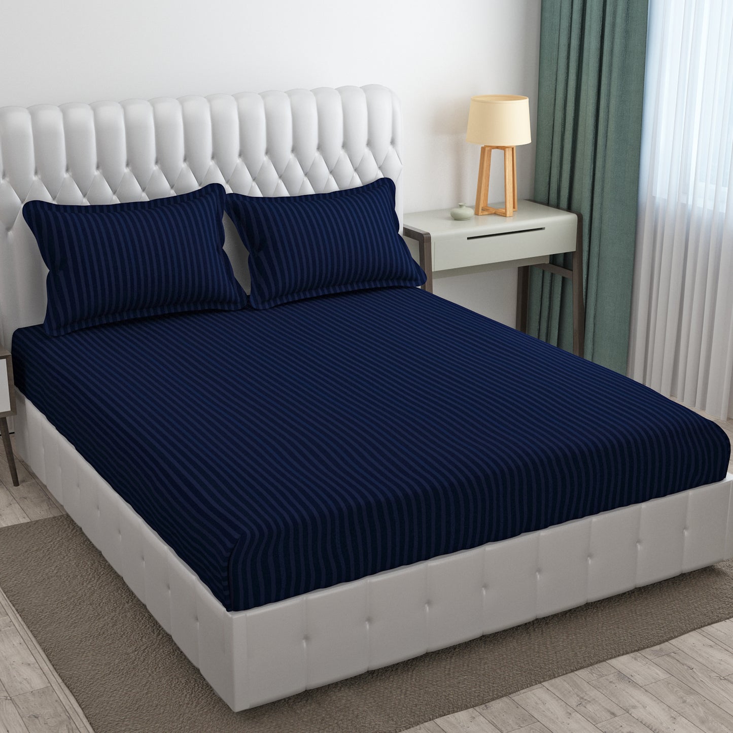 Cotton Bolls 300 TC Glaze Cotton Solid Stripes King Size Bedsheet 72x78 Inch
