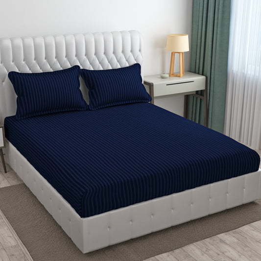 Cotton Bolls 300 TC Glaze Cotton Solid Stripes King Size Bedsheet 72x78 Inch