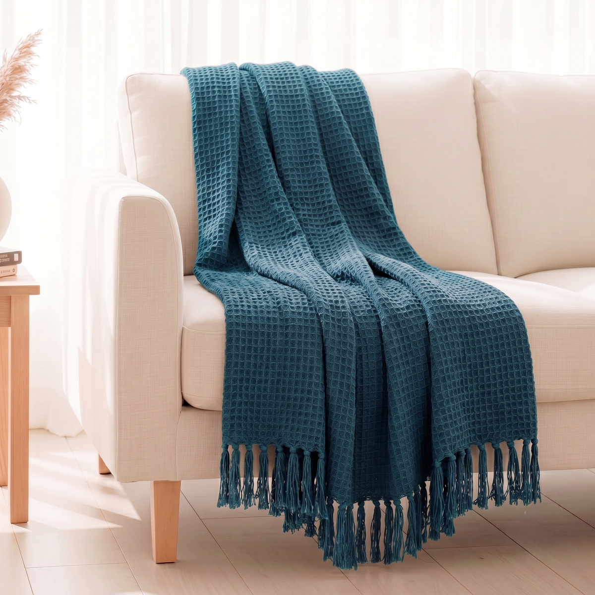 Hand Woven Cotton Throw Blanket 50x60" – Soft, Breathable Teal Sofa Blanket